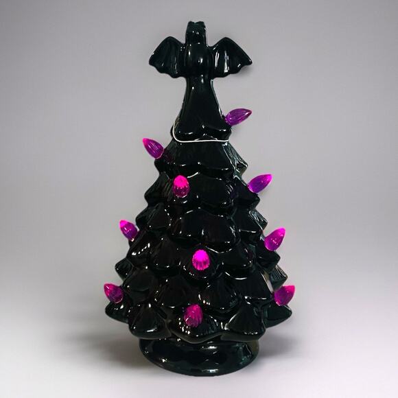 Halloween Lighted Black Tree Purple Lights Bat Tree Topper Ceramic 9” - Picture 1 of 2
